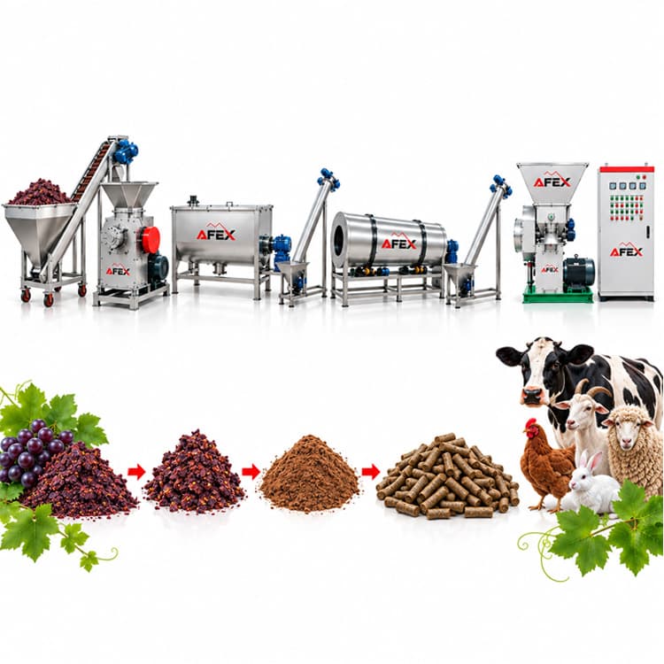 Production line for livestock feed pellets from grape waste